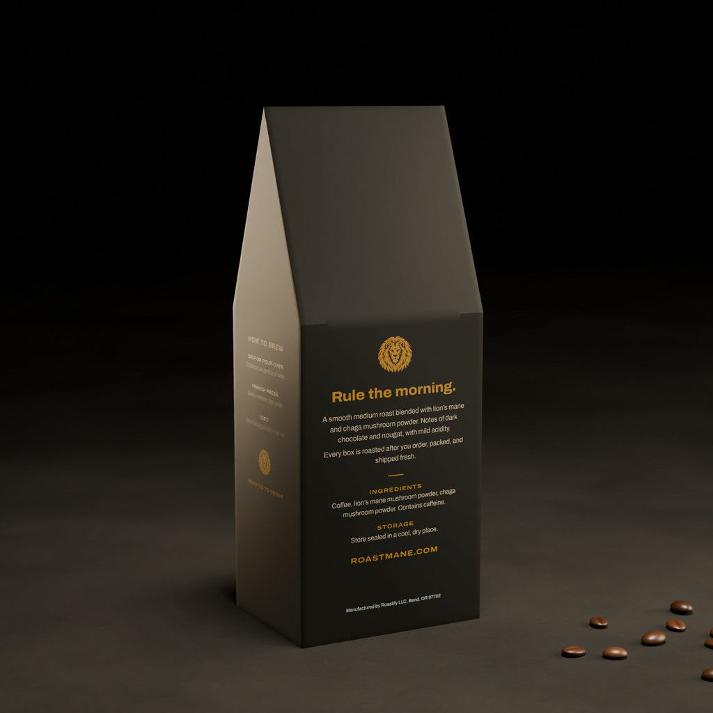 Back of the Roastmane Mushroom Coffee box: brew guide, ingredients and tasting notes