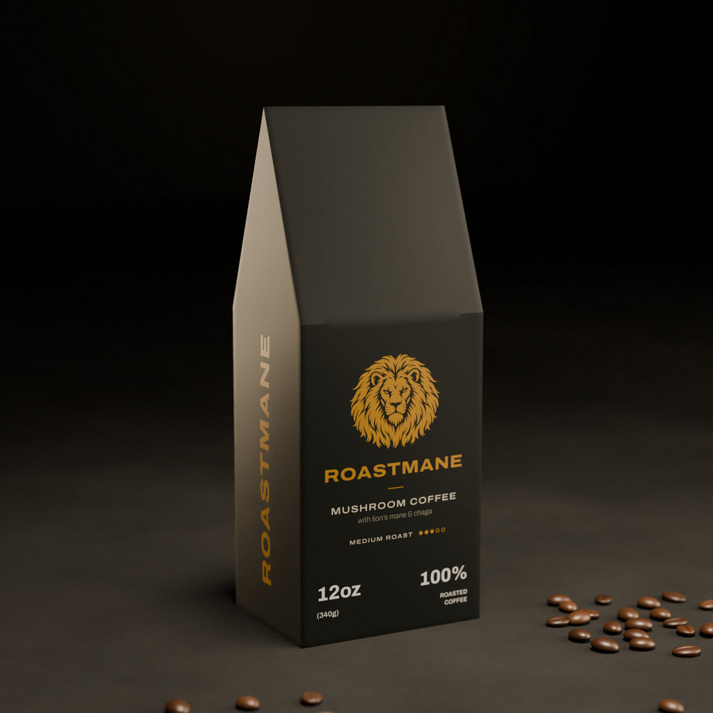 Roastmane Mushroom Coffee 12 oz box, front view, on dark slate with coffee beans